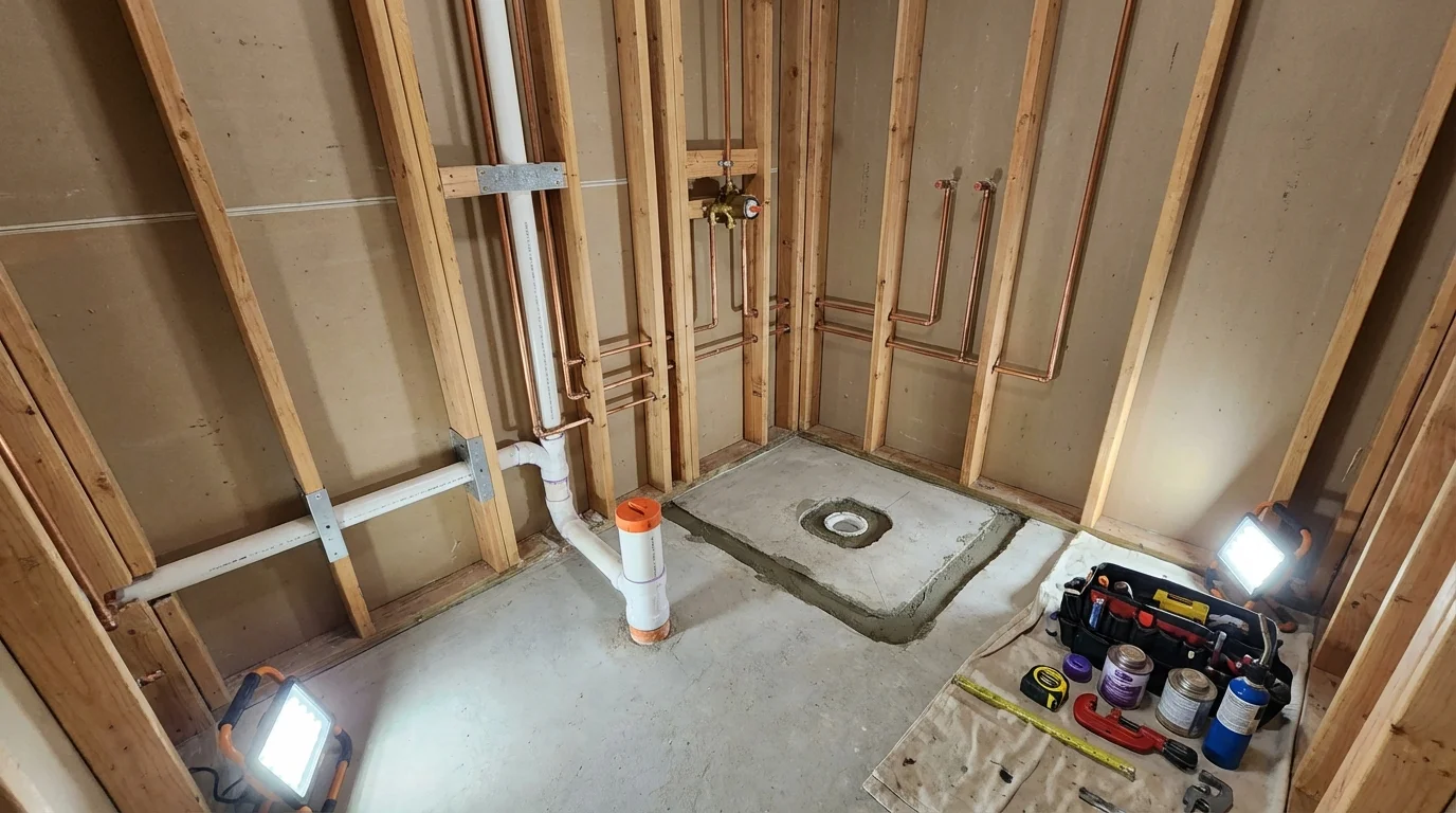 Bathroom rough-in plumbing during remodel by Johns Plumbing LLC in Fort Belvoir