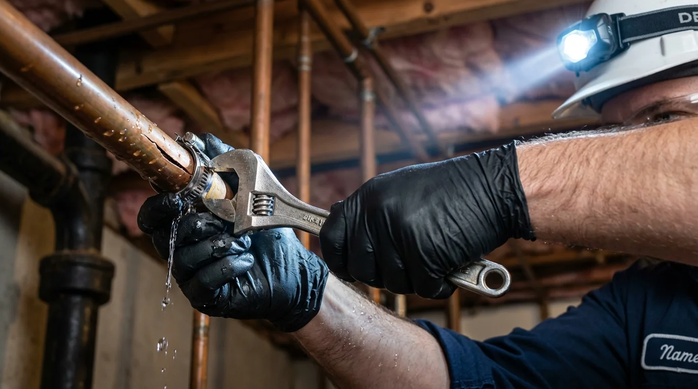 Emergency pipe clamp repair being performed by a Johns Plumbing LLC plumber in Fort Belvoir