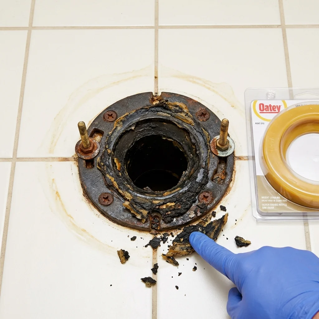 Failed wax ring showing water seepage at the base of a toilet in a Fort Belvoir, VA home