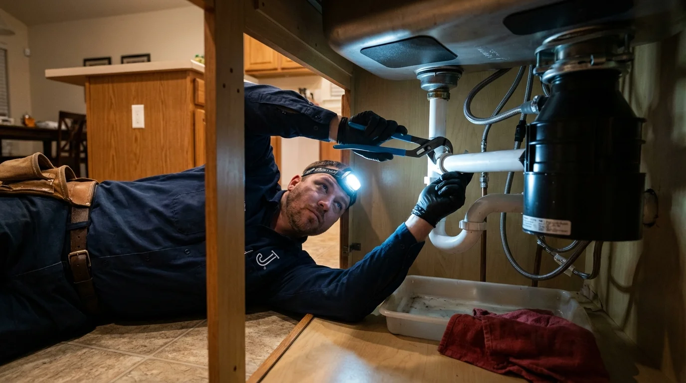 P-trap and supply line connections under a kitchen sink showing a common leak point in Fort Belvoir, VA